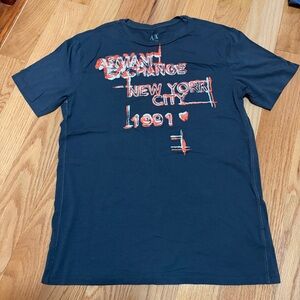 Armani Exchange Men's Dark Blue Tee with Red Graphic